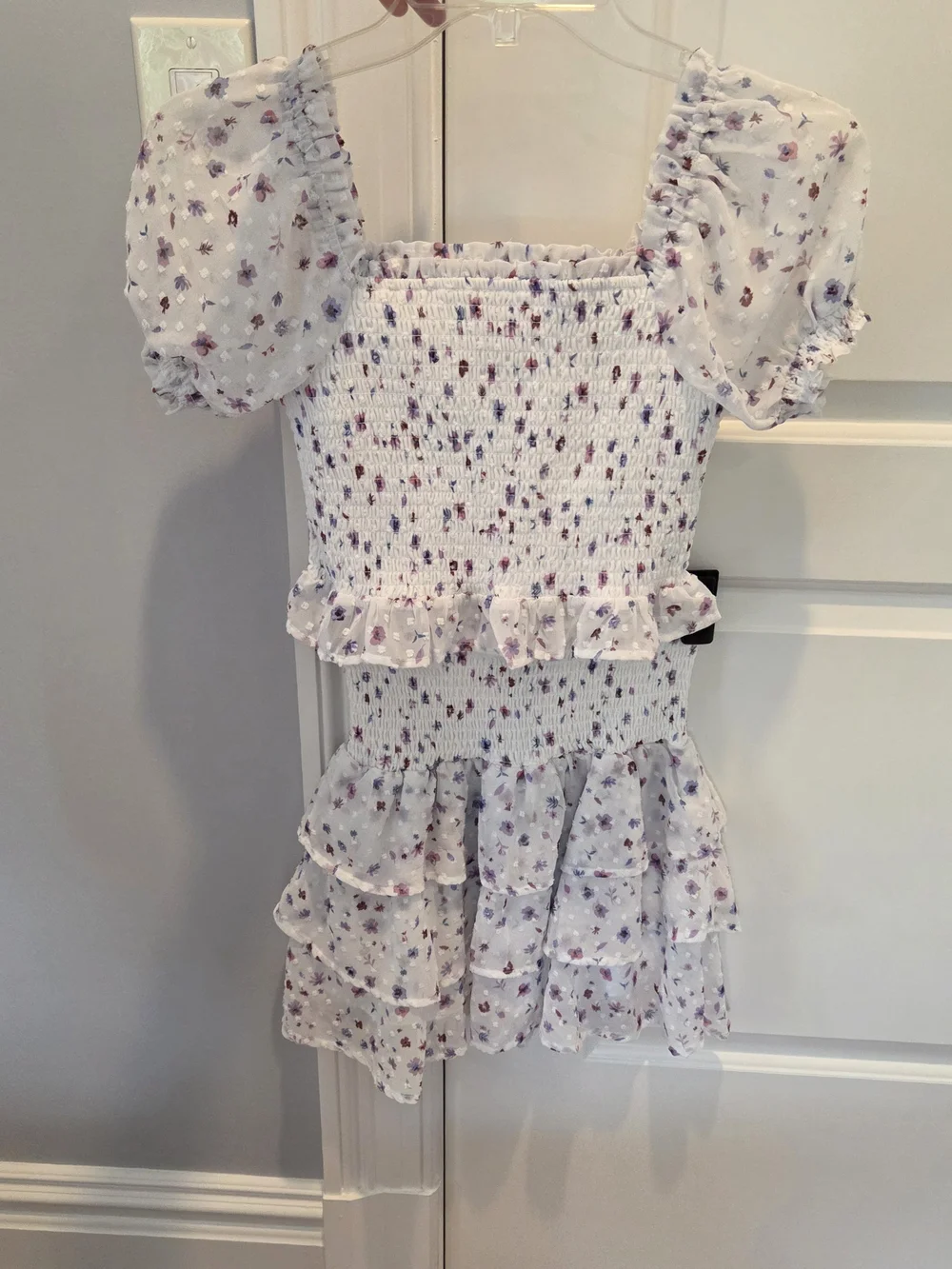 Aqua White Floral Smocked Crop Top — Purple & Pink Accents